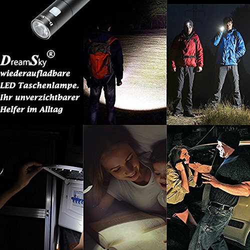 DreamSky wiederaufladbare LED Taschenlampe mit 18650 Batterie und USB Ladekabel, einstellbare 5 Leuchtmodi, wasserdicht, geeignet für Haushalt, Arbeit und Outdoor Aktivitäten - 6