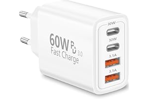 USB C Ladegerät, Rombica 4-Port Mehrfach Ladegerät mit USB-C und USB-A, 60W Schnellladegerät PD3.0 Power Adapter USB Netzteil für iPhone 17 17 Pro Max 16 15 14 13 12 11 XS XR X, iPad, Samsung, Handys