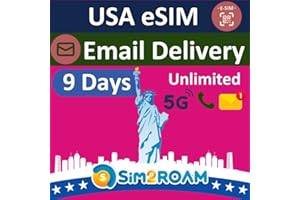 SIM2ROAM USA eSIM, compatible with T-Mobile Network | 9 Days Unlimited 5G Data in USA (incl. Hawaii) | Low-Speed Data in Canada & Mexico | Unlimited Calls & Texts | USA Native eSIM | Instant Email Delivery