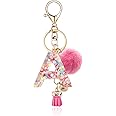 QUKE Alphabet Initial Letter Keychain for Women Girls Resin Keyring for Purse School Bag With Fur Ball Pom