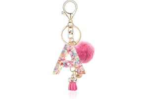 QUKE Alphabet Initial Letter Keychain for Women Girls Resin Keyring for Purse School Bag With Fur Ball Pom