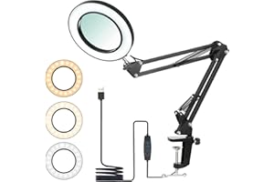 SONGLYPIAN Lampada con Lente d'Ingrandimento, Lampada da Scrivania Ingrandente LED 10X con 72 Luci LED, 3 Modalità di Colore&10 Luminosità, Lampada da Tavolo con Pinza per Lettura, Riparazione, Lavoro - Nero