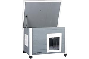 mymax Katzenhaus Outdoor aus Holz – wetterfeste Katzenhütte für draußen – Aufklappbares Dach, Höhenverstellbare Füße - 56 * 45 * 43CM (Grau/schwarz)