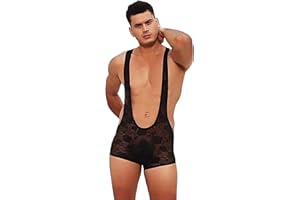 sunshinelady Homme Body Jockstrap Sexy Dentelle Sissy Mankini sous-Vêtements String pour Hommes Combinaison de Maillot Jumpsuit Lingerie Transparent Grande Taille S-XL