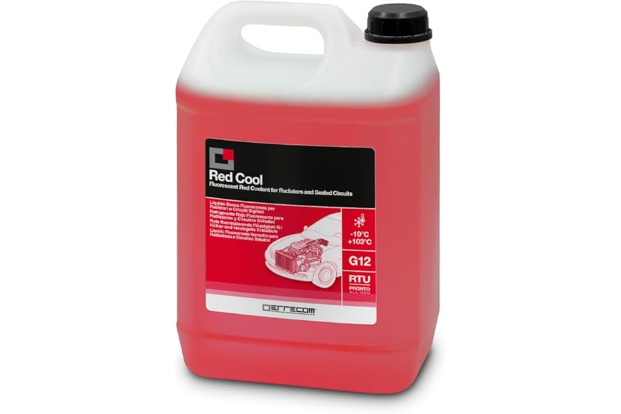 ERRECOM Red Cool, Red Coolant and Antifreeze -10°C/+103°C, Fluorescent Formulation with organic-based OAT inhibitor package, G12, Ready to Use, 5 Litre