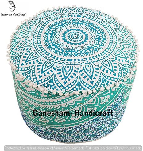 Indian Mandala Hippie Bohemian Tapestry Pouf Ottoman Handmade Pouf Cover, Decorative Round Floor Pillow Foot Stool Seating Pouf Home Decor Chair Cover Bohemian Decor Bean Bag 15x22 (Cover Only)