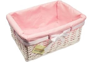Woodluv Medium Rectangular White Willow Wicker Hamper Storage Basket-With Pink Dot Linning (Gift Hamper Basket)