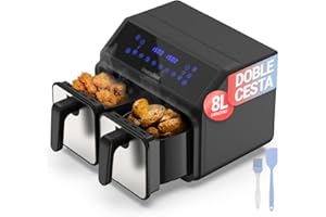 UNIVERSALBLUE Freidora de Aire Dos Cestas 4 + 4 L Sin Aceite | Air Fryer Dual 8 L Grande Para 6-8 Personas | 8 Programas Cocina | Control Táctil y Temporizador