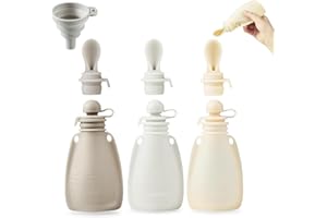PandaEar Lot de 3 Gourdes Bébé en Silicone Réutilisables avec 3 Cuillères à Purée, Poches à Presser Sans BPA pour Nourrissons et Tout-Petits, 150 ml (Beige clair, Noyer et Gris)