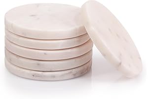 EHC Circular Marble Drink Coasters Mats, Set of 6 Premium Stone Protectors for Cups & Tumblers, Slip-Resistant Tabletop Shield, Elegant Rock Accents for Home or Work - White