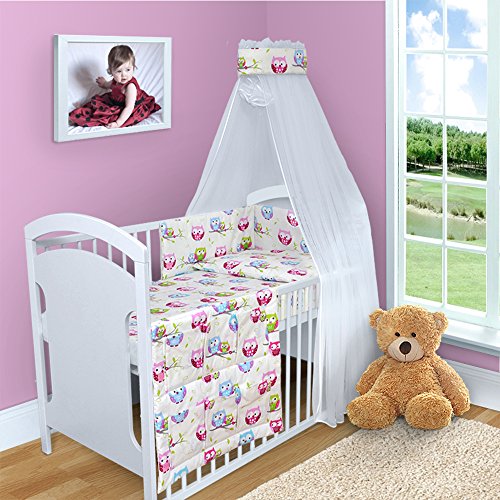 5 PCS 120x60 140x70 cm BABY BEDDING SET QUILT DUVET COVER PILLOW CASE BUMPER FOR COT STRAIGHT (To fit cot 140x70 cm, Owls White)