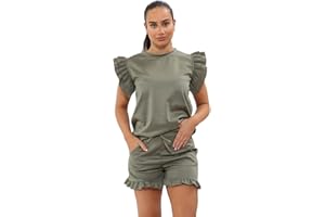 HUBIBUBI Women's Ladies Frill Peplum Short and Top Set Stylish Comfortable Perfect Summer Co-Ord 2 Piece Longwear Tracksuit for UK Plus Size 8-28