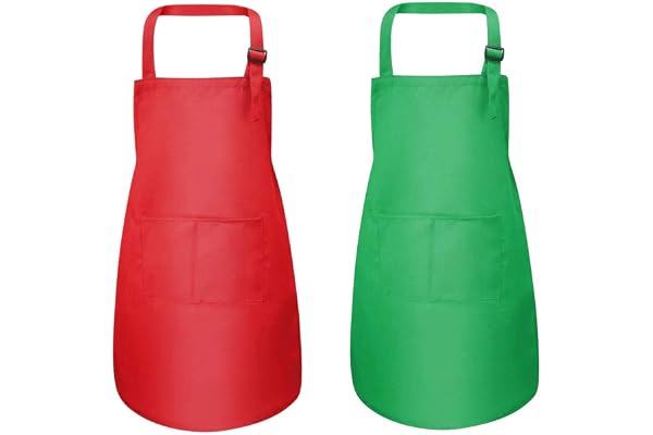 YKKJ 2 Pièces Tablier Enfant de Cuisine des Enfants Tablier de Chef Ajustable des Enfants avec Poche pour Garçons et Filles Cuisson Peinture Cuisine .(Rouge/Vert,3-10 Ans Tablier Enfant