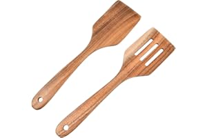 FESSOSKO 2 Pièces Spatule en Bois de Cuisine, Ustensiles de Cuisine en Bois de Teck Résistant à la Chaleur, Spatule Anti-Rayures pour Poêles Antiadhésives, Sans BPA et Durable