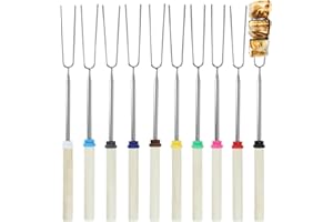 DEFRESIT 10 Pack Marshmallow Toasting Forks Kit - Extendable Stainless Steel Smores Sticks for BBQ and Campfire - Retractable Outdoor Campfire Accessories for Roasting Marshmallows and Hot Dogs