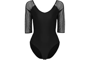 iEFiEL Women's Sheer Mesh Bodysuit 3/4 Sleeve Ballet Dance Camisole Gymnastics Leotard