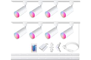 Bravsekai GU10 RGB Track Lighting Kit with Coloured Bulbs, 8 Pieces Ceiling Spotlight with 2 x 1.5 m H-Type Rail, IR Remote Control, Multicolour SpotLights (8 Pack, White)