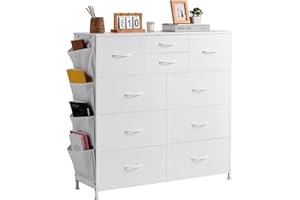 VEVOR Commode en tissu à 10 tiroirs, meuble de rangement avec bacs tissu, tiroir de rangement pour placard avec poignée facile à tirer et cadre en acier robuste, pour chambre à coucher, couloir, blanc