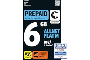 congstar Prepaid ALLNET M SIM-Karte ohne Vertrag I Allrounder Prepaid-Paket in D-Netz-Qualität I 4 GB LTE mit 25 Mbit/s + 10€ Startguthaben I Telefonie & SMS Flat in alle dt. Netze I EU-Roaming inkl.