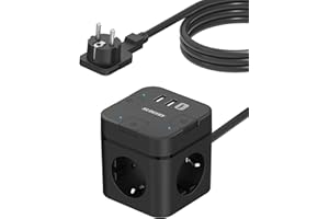 SUDEERY Kostka do gniazdka z USB C, 3 gniazda, płaska wtyczka Cube, pojedyncze przełączanie, listwa zasilająca z kablem 2 m, 1 wtyczka USB typu C, do biura, domu, podróży (czarna)