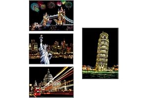 WMUVAZA Blätter Regenbogen Kratzpapier, 1 Satz 4 Stück Kratzbilder Kinder, Weltberühmte Sehenswürdigkeiten Wandbild, DIY Kunst Zeichnung, mit Holzstifte, Magic Scratch Book, mehrfarbig