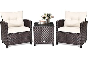 GIANTEX Salon de Jardin 2 Personnes en Rotin, Mobilier Jardin avec 2 Fauteuils, Coussins Amovibles, Table Basse Plateau en Verre Trempé, pour Balcon, Cour, Marron + Blanc