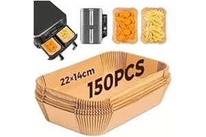WOOBROO Papier Cuisson Air Fryer, 150 pièces Food-Grade 22 x 14 cm Rectangulair, Jetable Antiadhésive Sans Huile Papier Parchemin, Pour Ninja Air Fryer Foodi Dual Zone Double Stack et autres Double Airfryer