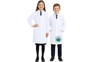 Chrysotex Kids Lab Coat 100% Cotton Snap Buttons Ages 6-12, White Science Coat for Children with 3 Pockets, Heavy Duty Durable, Perfect for School, Science Week & Dress-Up