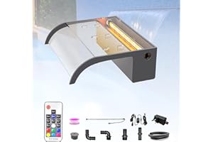 Longrun 30cm Pond Waterfall Blade Kit, Acrylic Curved Waterfall Feature Spillway, Outdoor Pool Fountain with 7 Colors LED Lights and Remote Control