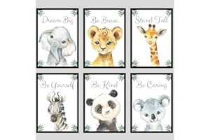 EVIEPOPS PRINTS Ensemble Animaux Safari de 6 Impressions Sans Cadre pour Chambre d'enfant Fille ou Garçon, Décoration Chambre Posters Décoratifs Muraux, Eléphant Girafe Lion Zèbre Panda Koala, Dream Big (A4)