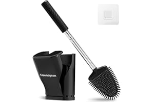 Fowooyeen Brosse WC Silicone, Noir Brosse Toilettes, Balai Toilette Plate et Support, Balayette WC Suspendu sans Percageà, Toilet Brush Mural avec Manche Long en Acier Inoxydable, Noir Mat - Design