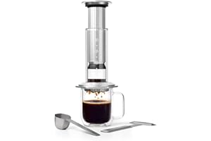 AeroPress Cafetière à piston Premium en verre, acier inoxydable et aluminium, tout-en-un French Press et cafetière expresso manuelle, infusion 2 min pour moins d’amertume et plus de saveur, Argent