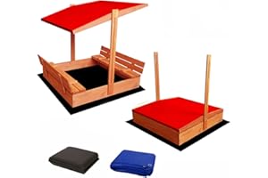 Ladanas® bac à Sable Enfant en Bois fermé de 120 x 120 cm avec bancs-bac a Sable avec Couvercle- Bois de pin imprégné -bac à Sable avec Toit surbaissé -1 bâche de Protection 1 bâche Isolante Rouge