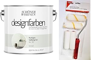 HAGEBAUSPN Schöner Wohnen designfarben hochdeckende feinmatte Wandfarbe für innen 2,5 Liter mit go/on Rollen-Set 5-tlg (Nr 30 Ruhiges Salbeigrün)