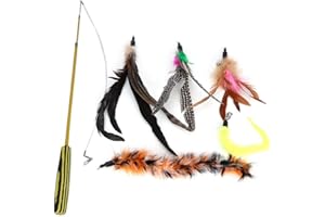 Sheens 5pcs Cat Feather Teaser Stick Toy, Gatito para Mascotas Varilla telescópica de Varilla de Tres Secciones con 5 Gatos de Repuesto Rascando Persiguiendo Juguetes con repuestos de Campana