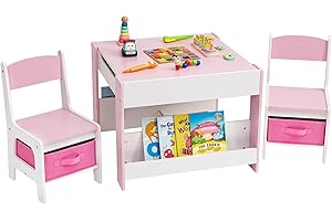 Yorbay Mesa Infantil Con 2 Sillas - Juego de Muebles de Madera Con Espacio de Almacenamiento y Estanterías - 3 en 1 Para Colorear, Actividades y Habitación