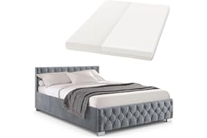 ‎JUSKYS Juskys Polsterbett Nizza 180x200 cm mit Matratze, Bettgestell mit Lattenrost, Stauraum & LED Beleuchtung, Samtbezug, Chesterfield-Steppung, Grau