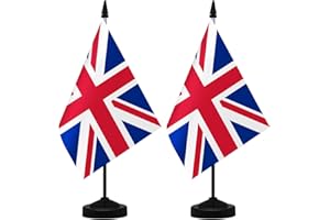 NQ UK Table Flag Set 21x14CM With Stand Base - British Union Jack for Office Home Conference Holiday Decorations (2 Pack)