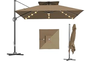 Outsunny 3.5x3 m Garden Cantilever Parasol with Solar LED Lights and Centre Light, UPF50+ Aluminium Patio Umbrella with 360° Rotation and Tilt, Hanging Sun Shade with Cross Base, Crank Handle