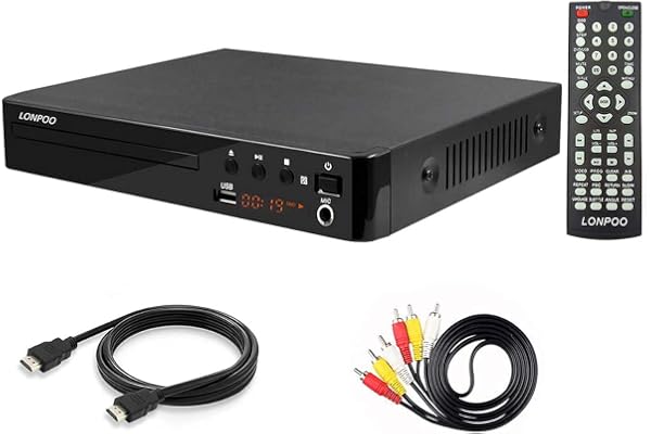 LONPOO Lecteur DVD Compact, Multi-Régions 1/2/3/4/5/6, Port USB, Télécommande, Câble Audio RCA Connexion TV, Divx, Port HDMI, Port MIC (Noir)