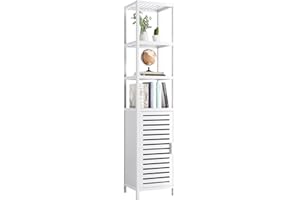 HITNET Bathroom Storage Cabinet, Bamboo Tall Narrow Linen Floor Standing Tower Organizer with Shutter Door and 4 Open Shelves for Kitchen, Living Room, Bedroom, White