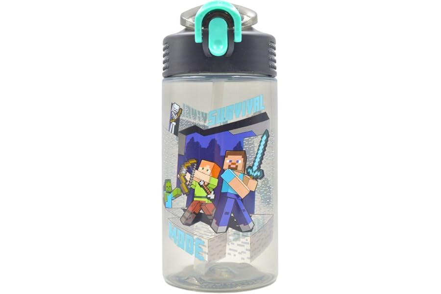 HOX Official Minecraft 600ml Water Bottle ft Alex & Steve - Lightweight Plastic Drinks Bottle + Carry Loop - Removable straw & Flip Spout | Gift for Minecraft Gamers, White/Opaque