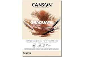 CANSON Graduate Mixed Media 220gsm A4 Paper, Double Sided: Grained And Smooth, Pad Glued Short Side, 30 Natural Sheets, For Student Artists