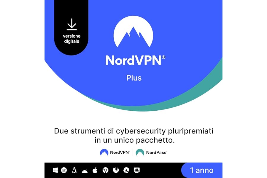 NordVPN Plus, 1-Anno, VPN e Software Password Manager, Codice Digitale