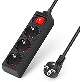 Aigostar Power Strip with 3 Outlets, Extension Strip with 1.5 Meter Cable and Switch, Black
