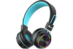 iClever Zestaw słuchawkowy Bluetooth dla dzieci, kolorowe diody LED, ogranicznik głośności 85 dB, składany, regulowany, bezprzewodowy i kablowy, wbudowany mikrofon do komputera, tabletu, Kindle