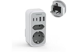 Adapter TESSAN Anglia, Wtyczka Niemiecka, Adapter Podróżny 6 w 1 UK z 2 USB C i 2 USB A, Adapter UK, Adapter Gniazda Anglia, Wtyczka Podróżna Szkocja, Adapter Podróżny Typu G dla Londynu Irlandia
