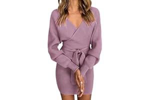 Vancavoo Robe Pull Femme Elégant Robe Tricoté Col V Manche Longue Casual Automne Hiver Tunique Chic Jupe Courte Moulante Slim avec Ceinture
