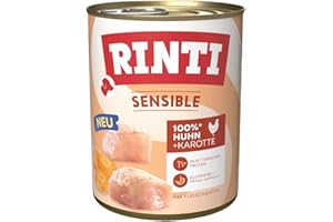 RINTI - Sensible | Nassfutter für Sensible, ausgewachsene Hunde mit natürlichen Fleischstücken. Getreidefreies Alleinfutter in der Dose ohne künstliche Zusätze | 6x800g Huhn + Karotte