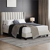Yaheetech Upholstered Bed with Padded Headboard 140 x 200 cm Beige | Double Bed Striped Headboard with Wings Wood and Metal S